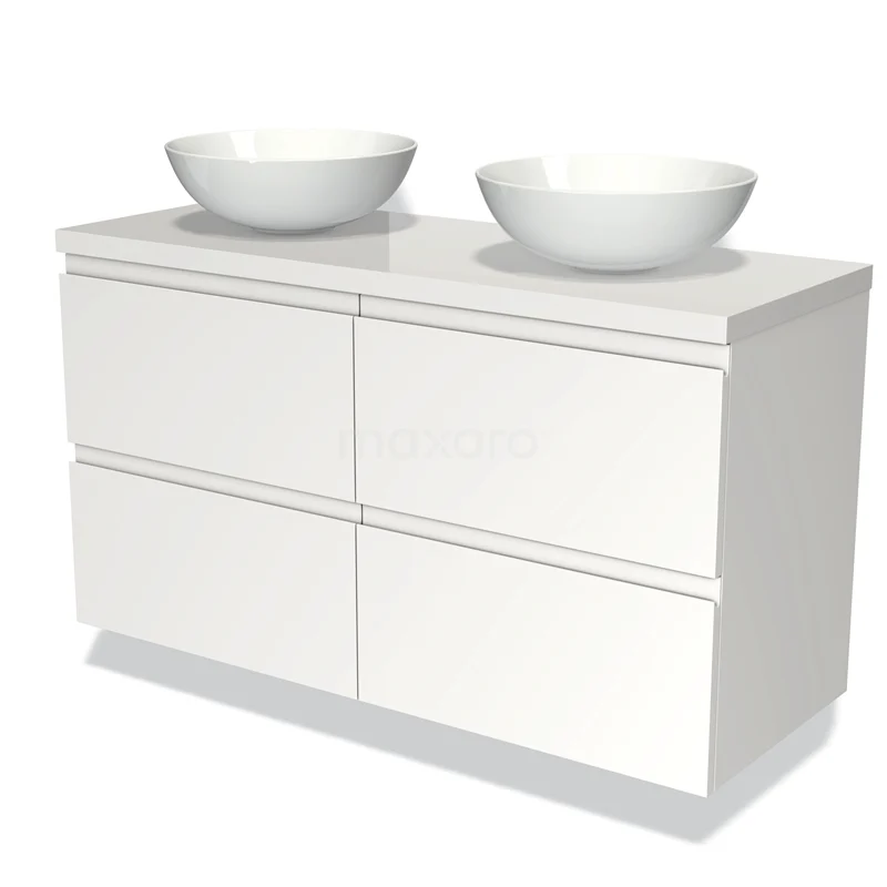 Badmöbel für Waschtischunterschrank mit Konsole 120cm Modulo Plato Matt Weiß 4 Schubladen Grifflos Hochglanz Weiß Platte BMK18-00239 Weißes Badezimmermöbel mit Doppelwaschbecken, schlichtes Design und vier Schubladen, ideal für eine moderne Badezimmergestaltung.