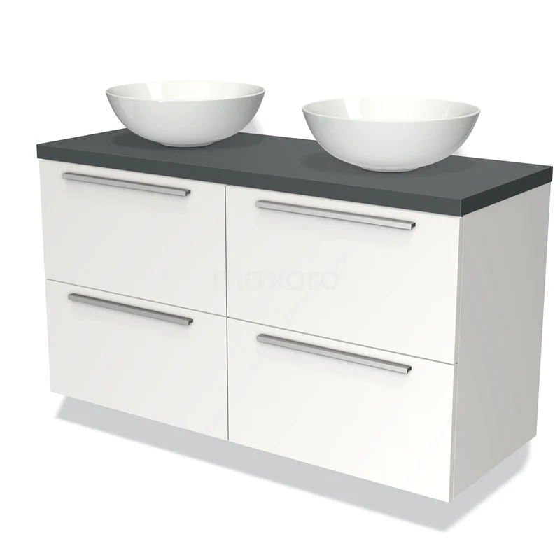 Badmöbel für Waschtischunterschrank mit Konsole 120cm Modulo Plato Matt Weiß 4 Schubladen Flach Dunkelgrau Platte BMK18-00240 Weißes Badezimmermöbel mit grauer Platte, vier Schubladen und zwei Aufsatzwaschbecken; modernes Design und praktischer Stauraum.