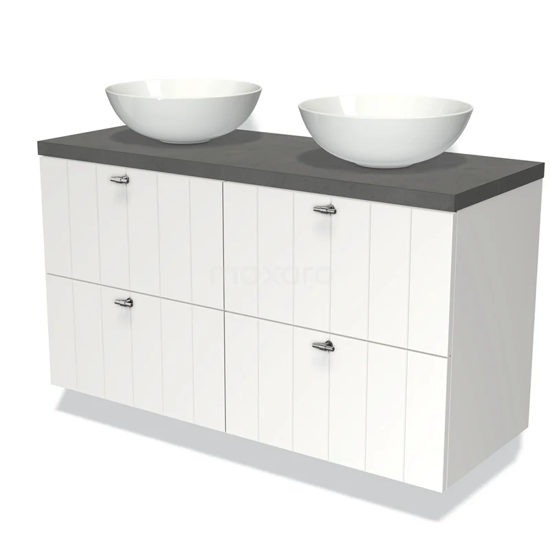 Wit badkamermeubel met grijze bovenkant, dubbele ronde waskommen en vier greeploze lades, ideaal voor moderne badkamers.