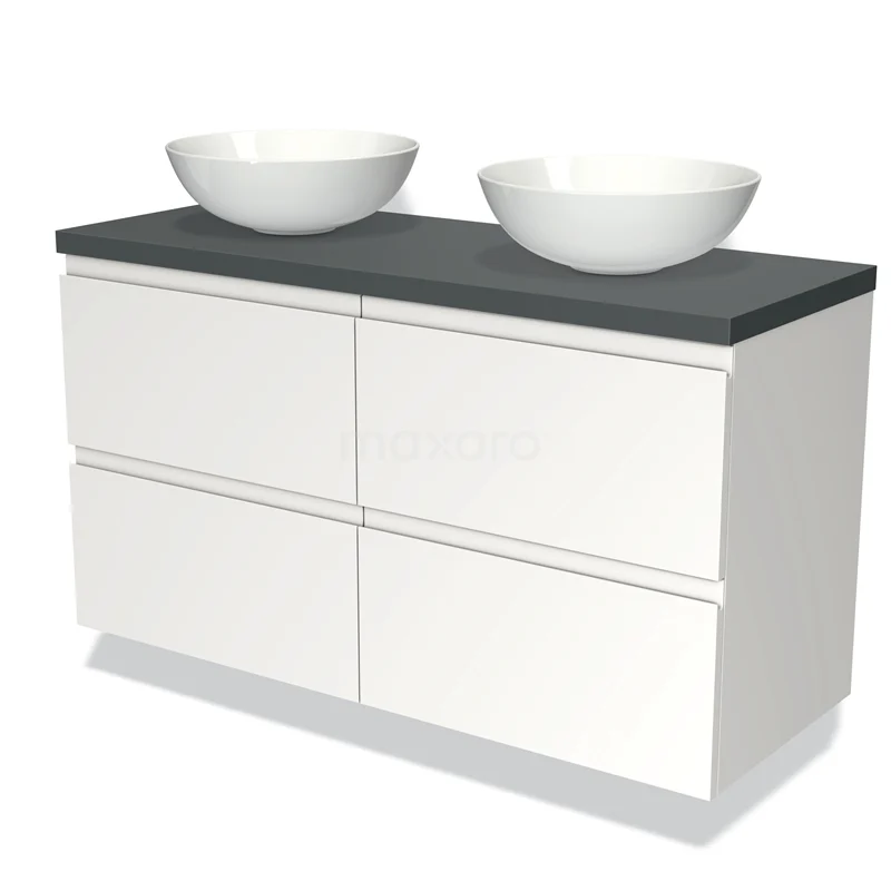 Wit badkamermeubel met vier lades, zwart blad en twee ronde witte wastafels, modern design van keramiek.