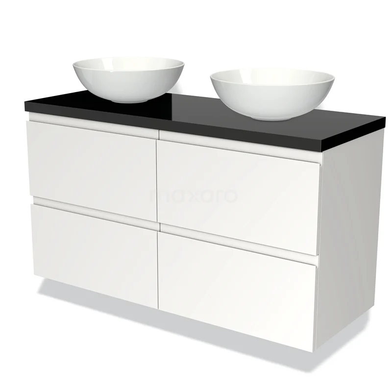 Modulo Plato Badmöbel mit Aufsatzwaschbecken | 120 cm Matt Weiß Grifflos front Hochglanz Schwarz blatt 4 Schubladen BMK18-00245 Weiße Doppelwaschbeckenmöbel mit schwarzer Oberfläche und zwei runden Keramiken, modernes Design für das Badezimmer.