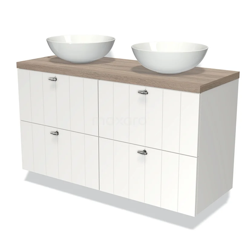 Modulo Plato Badmöbel mit Aufsatzwaschbecken | 120 cm Matt Weiß Lamelle front Eiche blatt 4 Schubladen BMK18-00247 Weiße Badmöbelset mit Holzlook Platte, Doppelwaschbecken und klaren Linien, ideal für eine stilvolle Badezimmer Einrichtung.