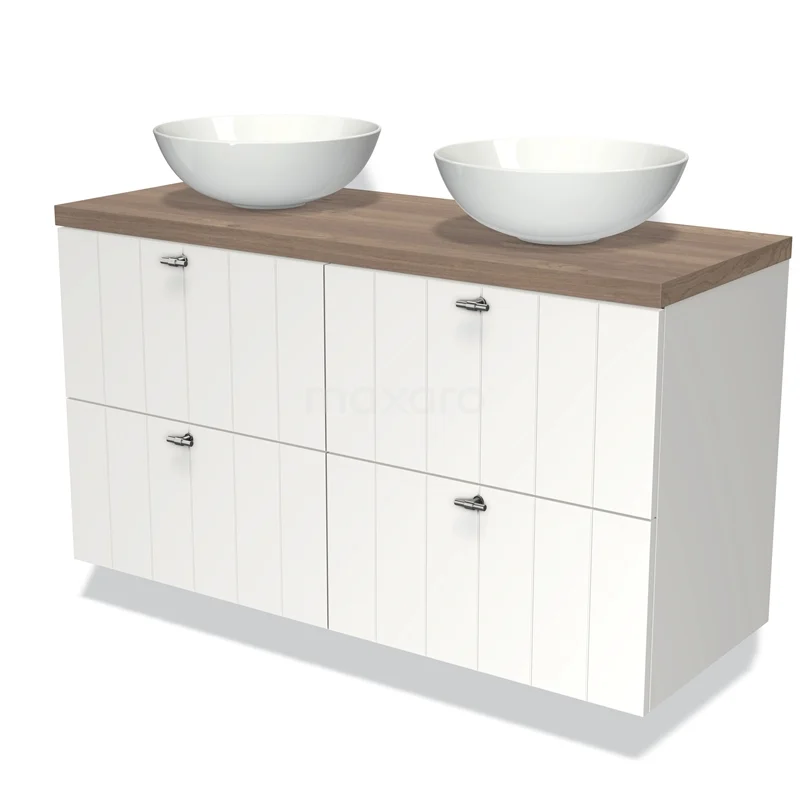 Badmöbel für Waschtischunterschrank mit Konsole 120cm Modulo Plato Matt Weiß 4 Schubladen Lamelle Mittelbraune Eiche Platte BMK18-00256 Weißes Badezimmermöbel mit Holzlook Platte, doppeltem keramischen Aufsatzwaschbecken und vier Schubladen, ideal für moderne Badezimmergestaltung.