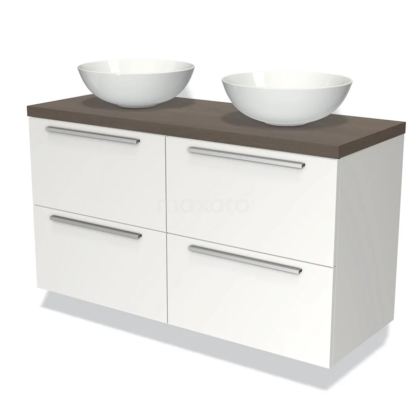 Badmöbel für Aufsatzwaschbecken 120cm Modulo Plato Matt Weiß 4 Schubladen Flach dunkelbraune Eiche Platte BMK18-00258 Weißes Doppelwaschtischmöbel mit Holzoptik Platte, vier Schubladen und keramischen Aufsatzwaschbecken, ideal für moderne Bäder.