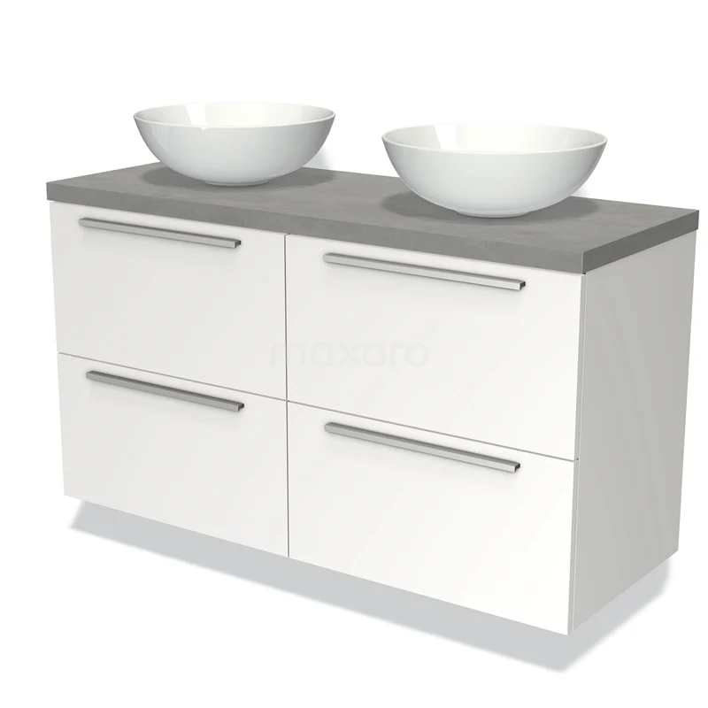 Wit badkamermeubel met moderne grijze top, vier lades en dubbele komvormige wastafels, ideaal voor stijlvolle badkamers.