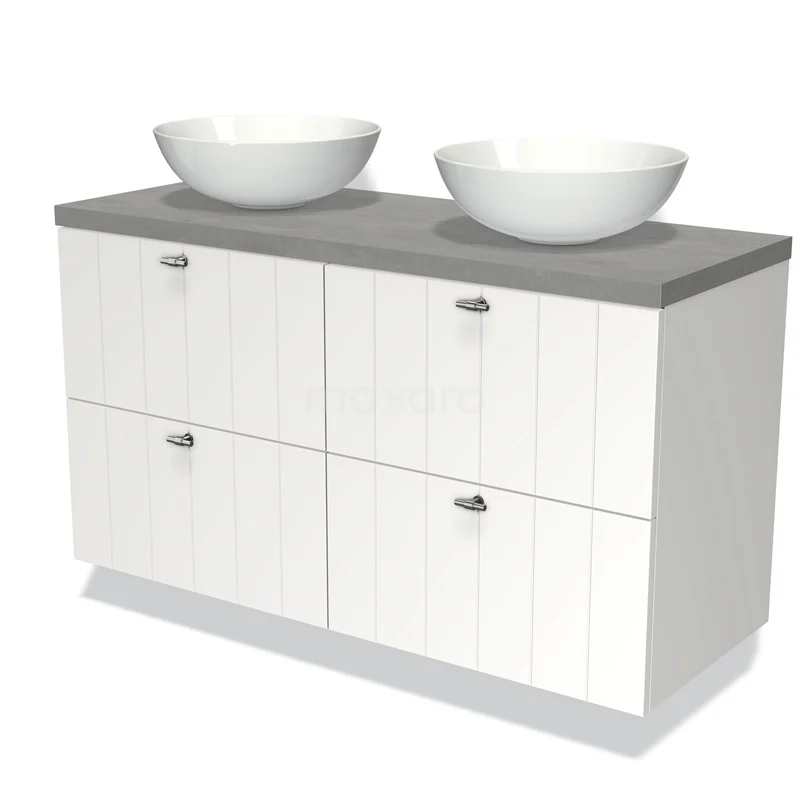 Wit badkamermeubel met grijs blad, dubbele waskom, houtafwerking, modern design voor stijlvolle badkamerinrichting.