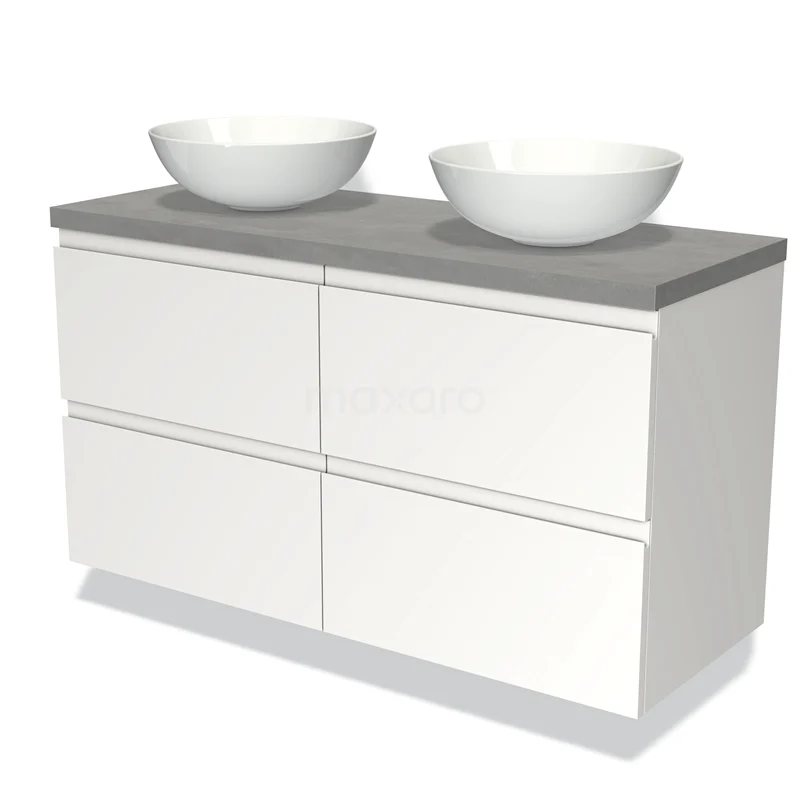 Wit zwevend badkamermeubel met grijs blad, dubbele wastafelkommen en vier greeploze lades, modern design.