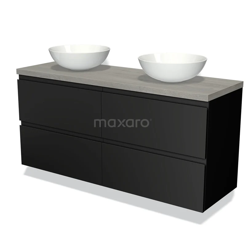 Zwarte badkamermeubelset met betonlook blad, dubbele komvormige wastafels en strakke lades voor moderne badkamers.