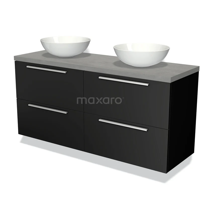 Zwarte badkamermeubelset met dubbel wastafelblad, keramische kommen en grijze betonnen look, modern design.