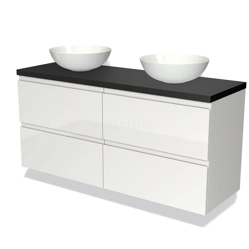 Badmöbel für Aufsatzwaschbecken 140cm Modulo Plato Hochglanz Weiß 4 Schubladen Grifflos Matt Schwarz Platte BMK18-00610 Weißes Badezimmermöbel mit Doppelwaschbecken, schwarzer Platte und vier Schubladen, modernes Design für stilvolles Verstauen.