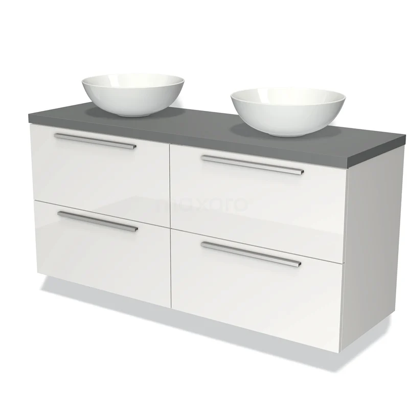 Waschtischunterschrank mit Konsole 140cm Modulo Plato Hochglanz Weiß 4 Schubladen Flach Mittelgrau Platte BMK18-00611 Weißes Badezimmermöbel mit grauer Oberseite, doppeltem Aufsatzwaschbecken, vier Schubladen und modernem Design. Perfekt für ein stilvolles Badezimmer.