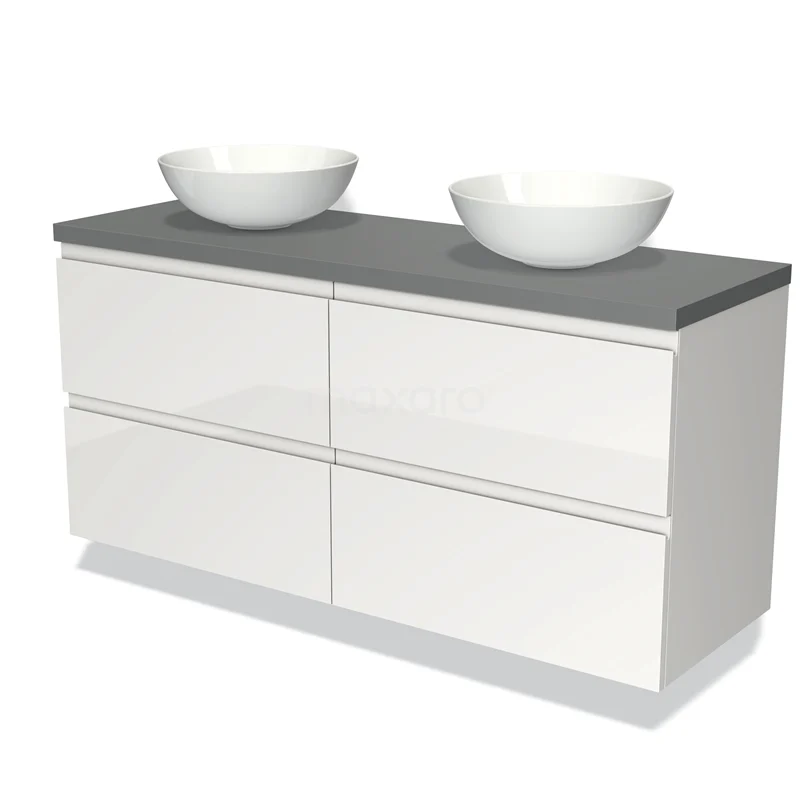 Badmöbel für Waschtischunterschrank mit Konsole 140cm Modulo Plato Hochglanz Weiß 4 Schubladen Grifflos Mittelgrau Platte BMK18-00613 Moderne weiße Badmöbelset mit grauer Platte, doppelten Aufsatzwaschbecken, klarer Schubladeneinteilung; ideal für stilvolle Bäder.