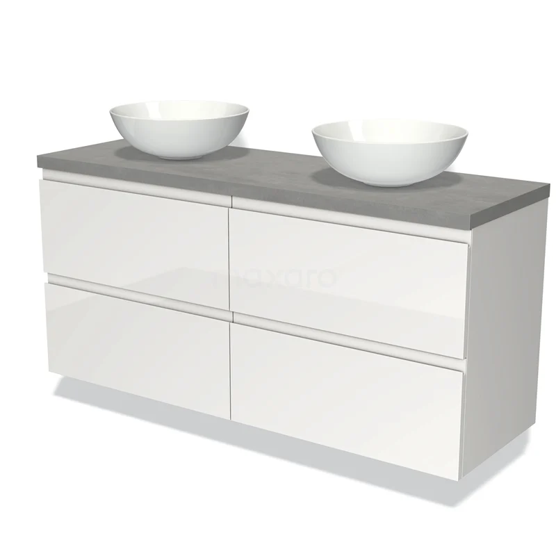 Wit badkamermeubel met 4 lades, grijze stenen blad en 2 ronde opbouw wastafels; modern design voor stijlvolle badkamers.