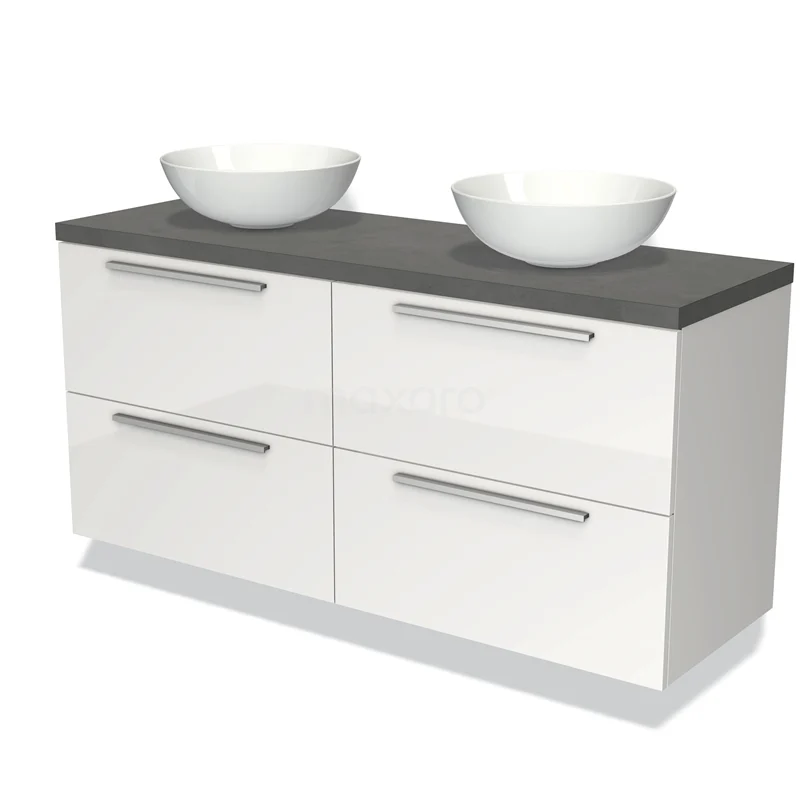 Wit badkamermeubel met twee keramische waskommen, grijs werkblad en strakke lades, ideaal voor een moderne badkamer.