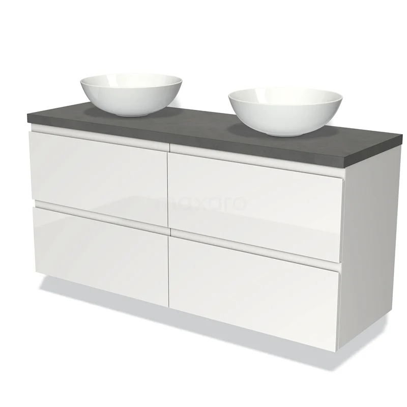 Wit badkamermeubel met twee ronde waskommen, brede lades en donkergrijs blad voor een moderne badkamerstijl.