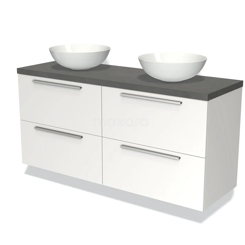 Wit badkamermeubel met grijs blad, vier lades en dubbele waskom; modern design voor stijlvol opbergen in de badkamer.