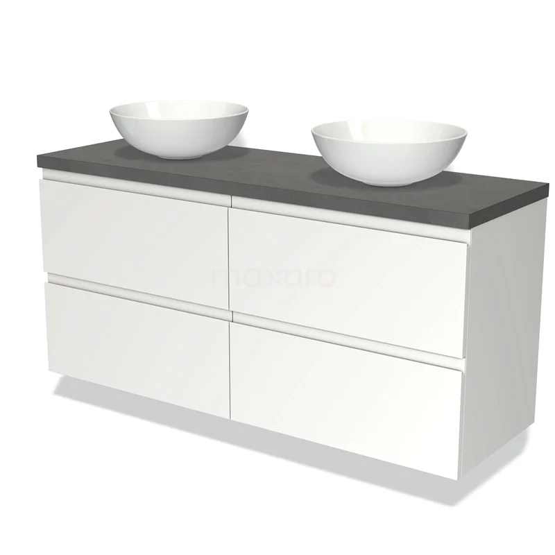 Wit badkamermeubel met dubbele zwarte wastafelblad en twee keramische waskommen, modern design voor stijlvolle badkamers.