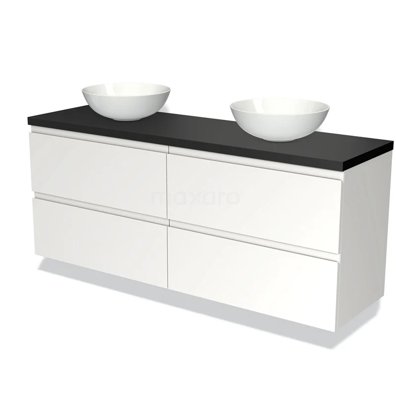 Witte badkamermeubel met zwart blad, 4 lades en dubbele wastafel. Moderne stijl, ideaal voor ruime badkamers.