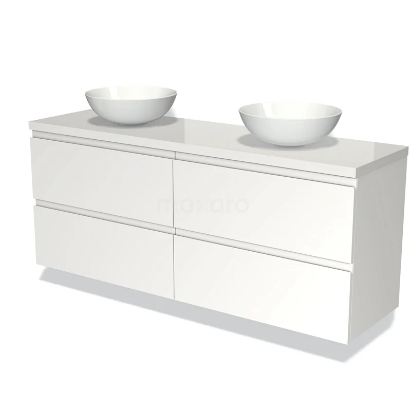 Wit badmeubel met dubbele wastafels, modern design, zes lades, ideaal voor badkameropslag.