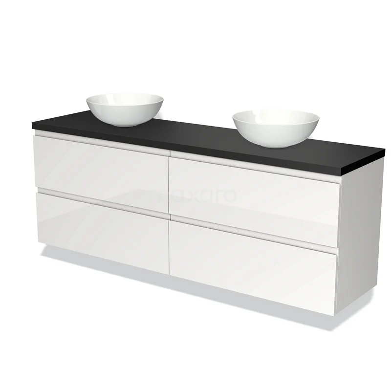 Wit badkamermeubel met vier lades, zwart blad en twee witte waskommen, modern design, ideaal voor ruime badkamers.