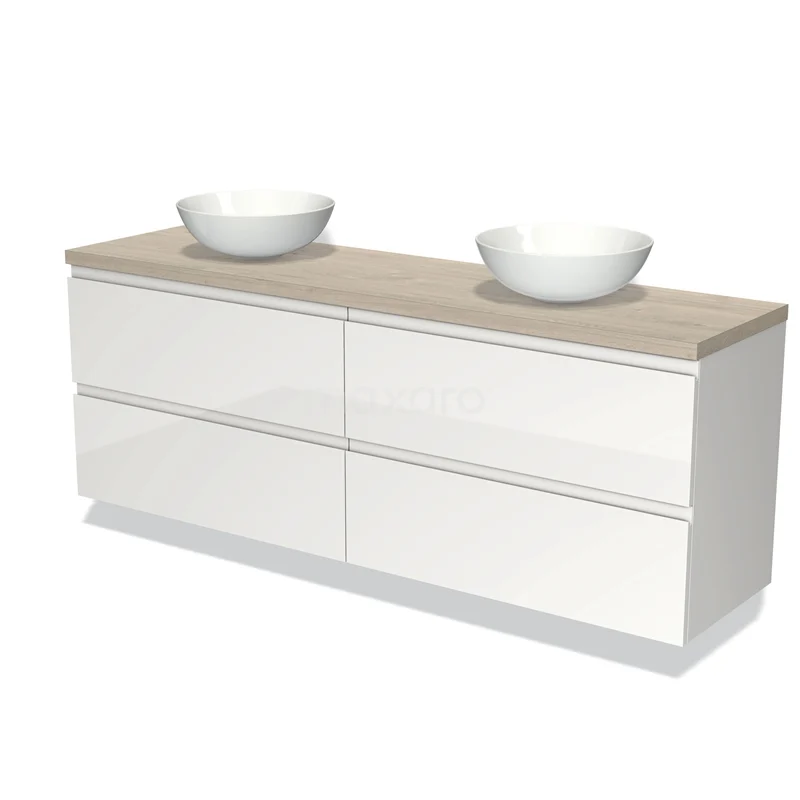 Wit badkamermeubel met twee waskommen, houten blad en softclose lades, modern design voor een stijlvolle badkamer.