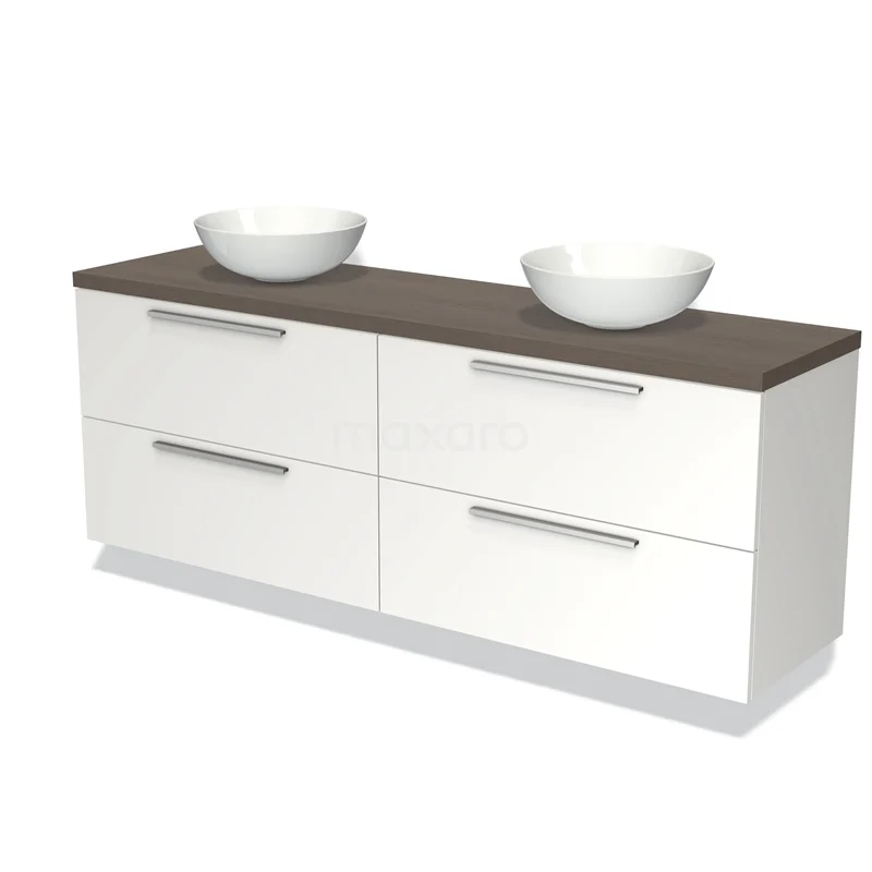 Badmöbel für Aufsatzwaschbecken 180cm Modulo Plato Matt Weiß 4 Schubladen Flach dunkelbraune Eiche Platte BMK18-01187 Weißes Badezimmermöbel mit Doppelwaschbecken, Holzoptik-Platte und vier Schubladen, ideal für stilvollen Badezimmerraum.