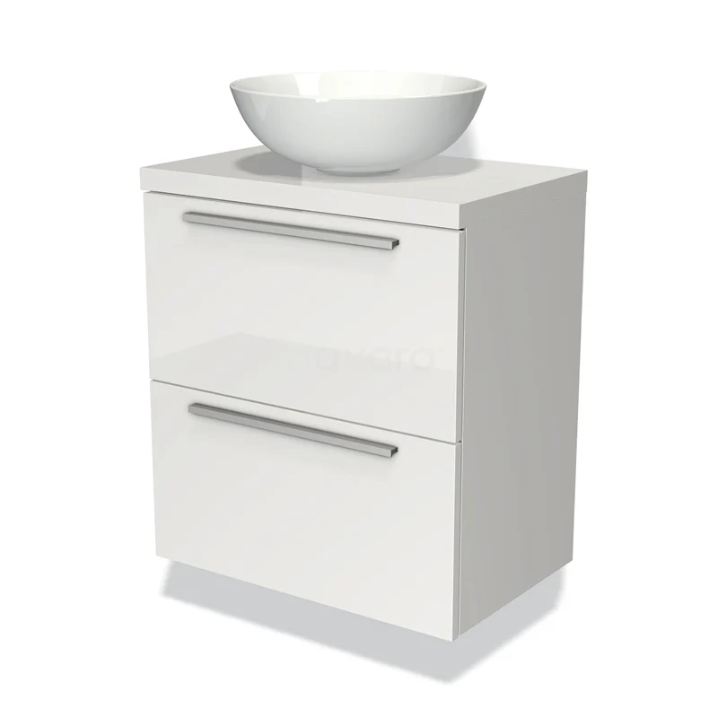 Wit badkamermeubel met keramische waskom, twee lades en chromen handgrepen, compact ontwerp voor een moderne badkamerstijl.