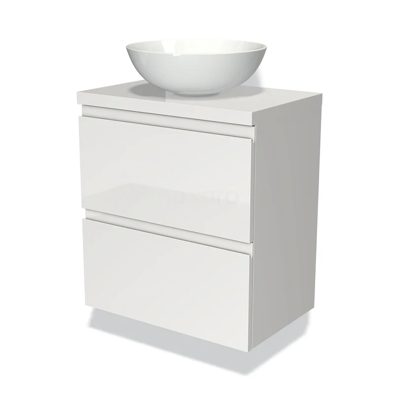 Wit badkamermeubel met komvormige wastafel, glanzende afwerking, twee lades en een strak, modern design.