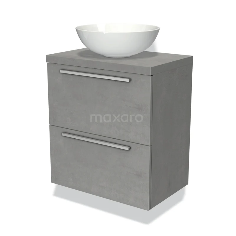 Grijze badkamermeubelset met betonlook, twee lades en een witte ronde wastafel; modern ontwerp voor een stijlvolle badkamer.