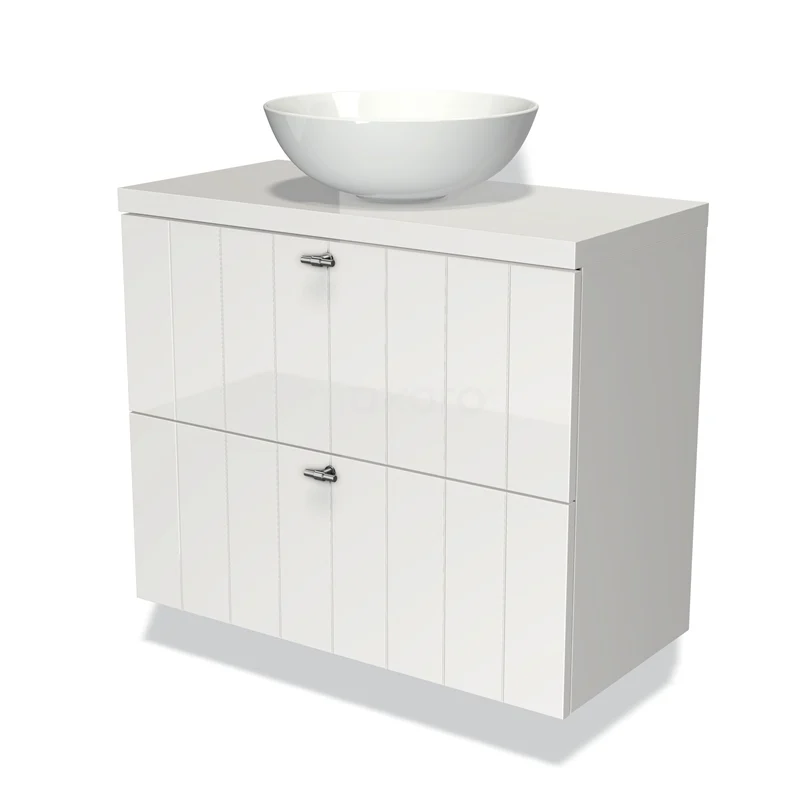 Wit badkamermeubel met wastafel, glanzende afwerking en twee greeploze lades, ideaal voor een moderne badkamer.