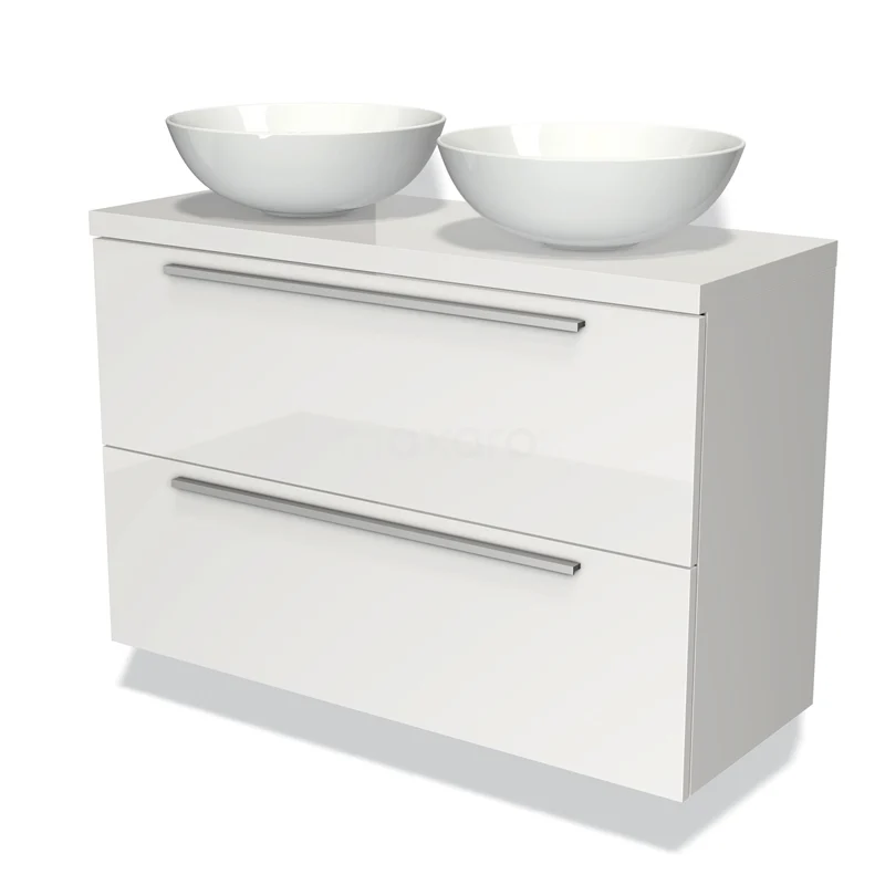 Wit badkamermeubel met dubbele waskom van keramiek, greeploze lades en modern design voor een stijlvolle badkamer inrichting.