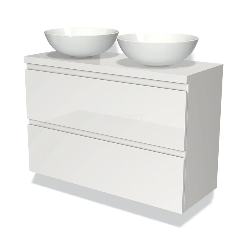 Wit badkamermeubel met twee ronde waskommen, moderne vormgeving, strak design met lades voor extra opbergruimte.