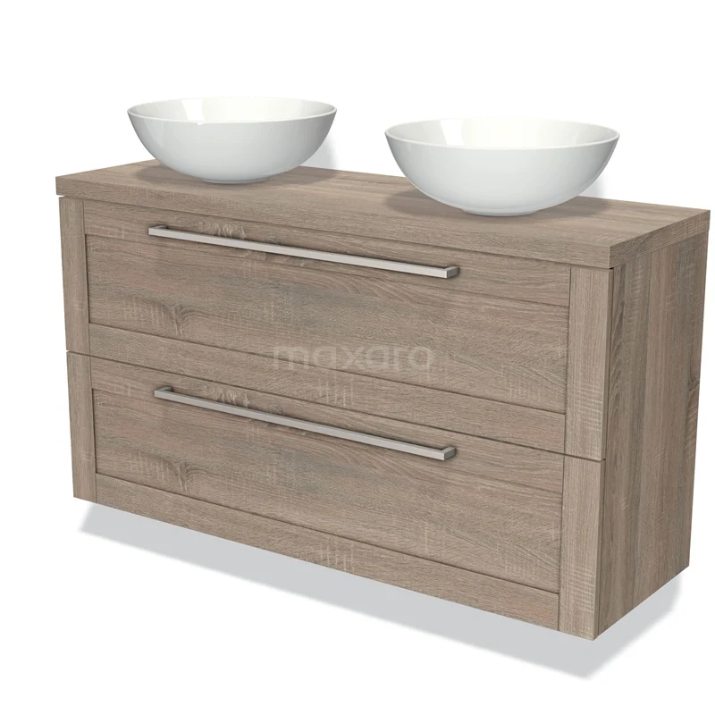 Badmöbelunterschrank mit Konsole 120cm Modulo Plato Slim Eiche 2 Schubladen Rahmen BMK37-00148 Holz Badezimmermöbel mit zwei weißen Schalen, Ladegriffen und einer stilvollen natürlichen Oberfläche für ein modernes Badezimmer.