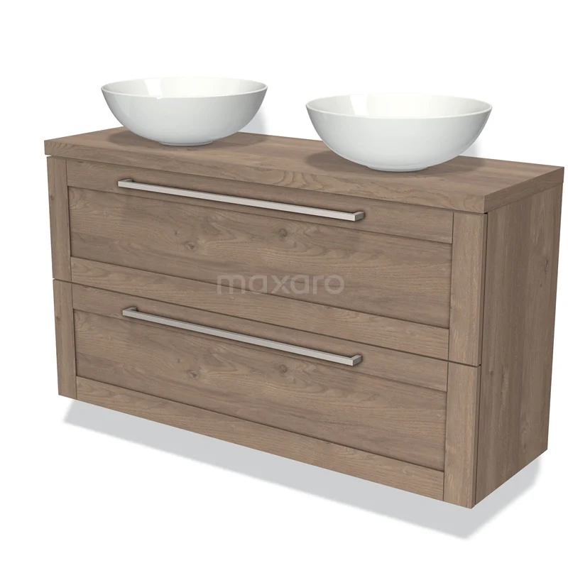 Badmöbel mit Konsole 120cm Modulo Plato Slim mittelbraune Eiche 2 Schubladen Rahmen BMK37-00154 Holz-Badmöbel mit zwei Waschbecken, zeitgemäßes Design und Schubladengriffe, ideal für moderne Bäder.