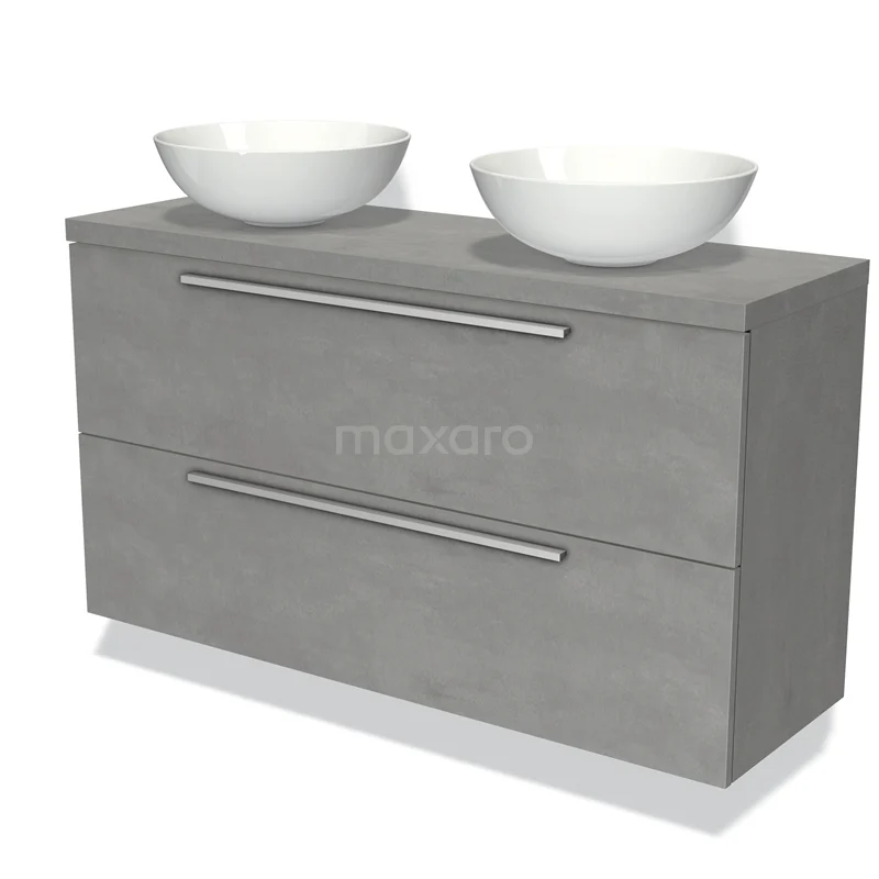 Grijze badkamermeubelset met dubbele waskommen, strak design en twee ladekasten, ideaal voor moderne badkamers.