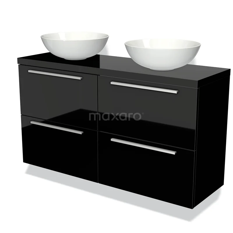 Zwart badkamermeubel met hoogglans afwerking en dubbele wastafels, ideaal voor een moderne badkamerstijl.
