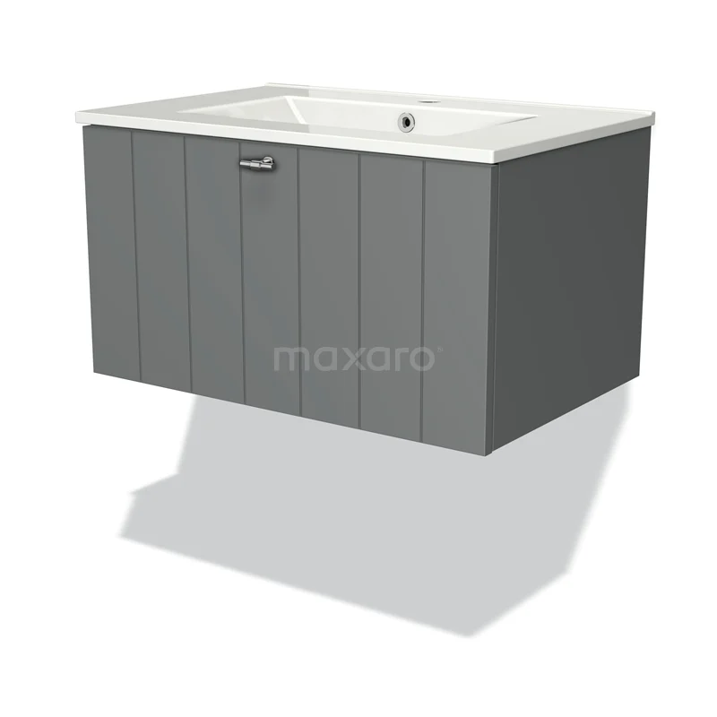 Badmöbel 70cm Modulo Mittelgrau 1 Schubladen-Lamellen-Waschbecken aus Keramik BMW11-00654 Grauer Badschrank mit weißem Waschbecken, Holzpaneel-Design, modernem Stil und Chromgriff, ideal für Stauraum im Badezimmer.