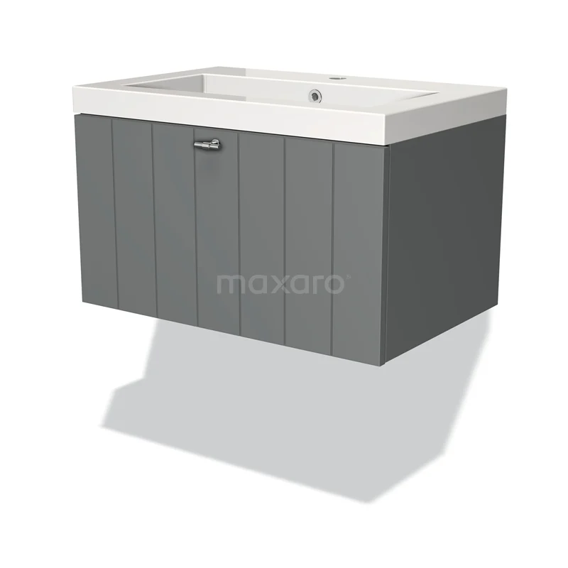 Badmöbel 70cm Modulo Mittelgrau 1 Schubladen-Lamellen-Waschbecken Mineralguss BMW11-00656 Grauer hängender Badschrank mit weißem keramischen Waschbecken, Holz-Optik Paneelen und modernem integriertem Haltegriff.