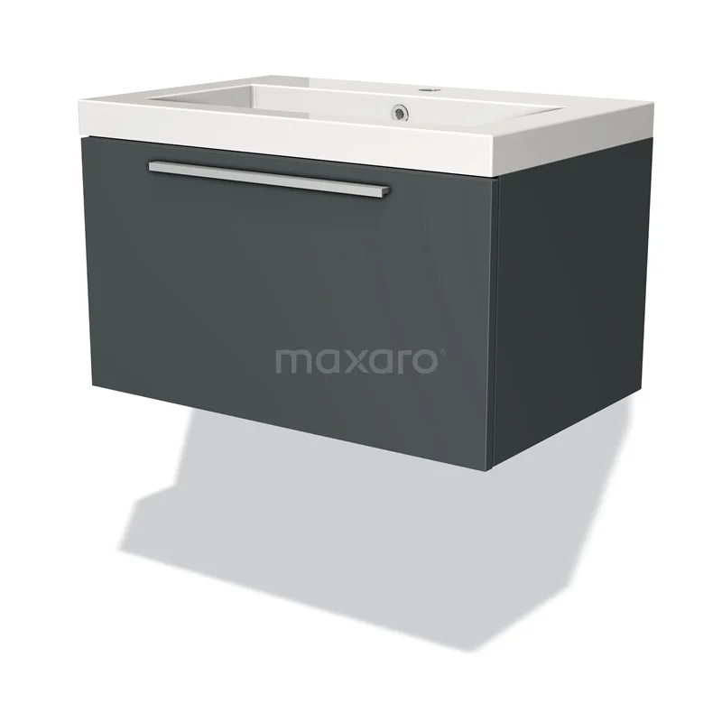 Badmöbel 70cm Modulo Dunkelgrau 1 Schubladen-Flachwaschbecken Mineralguss BMW11-00704 Dunkelgraues hängendes Badmöbel mit weißem Waschbecken, schlichtes Design, metallischer Haltegriff und Softclose-Schublade, ideal für moderne Bäder.