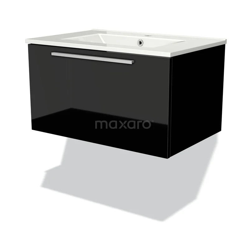 Modulo Bathroom furniture with sink | 70 cm High-gloss black Flat front Ceramic 1 drawer BMW11-00720 Black floating bathroom unit with glossy finish, integrated white Basin and slim Handle, ideal for modern bathrooms.