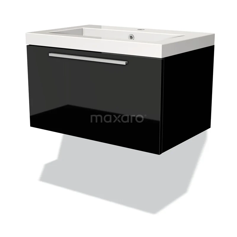 Modulo Bathroom furniture with sink | 70 cm High-gloss black Flat front Mineral marble 1 drawer BMW11-00722 Black floating bathroom cabinet with high-gloss finish, white ceramic basin and metal Handle, modern design.