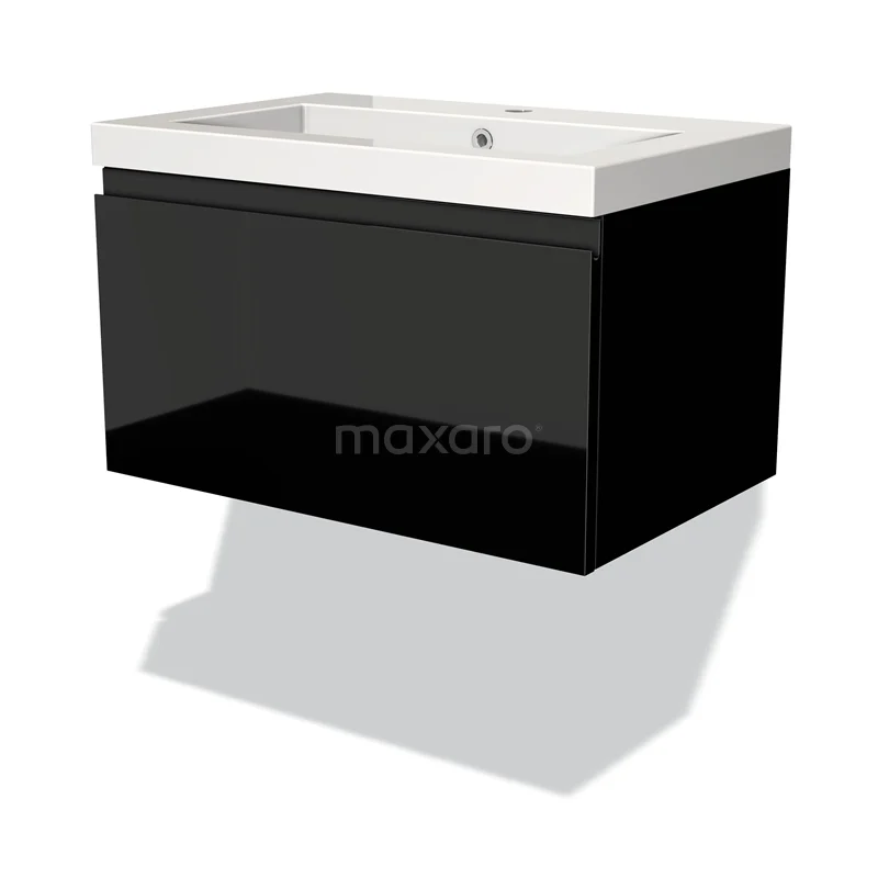 Badmöbel 70cm Modulo Hochglanz Schwarz 1 Schublade griffloses Waschbecken Mineralguss BMW11-00734 Schwarzes hängendes Badmöbel mit glänzender Oberfläche und weißem Waschbecken, modernes Design für stilvolle Badezimmergestaltung.