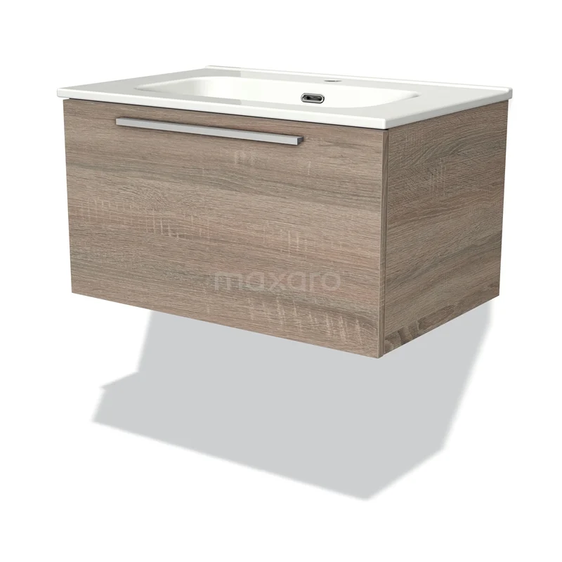 Houten hangend badkamermeubel met een lade en geïntegreerde witte wastafel, modern design in natuurlijke houtlook.