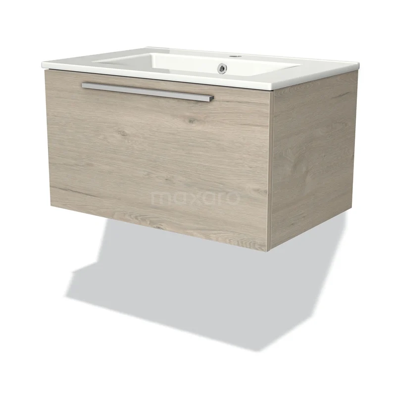 Houten badkamermeubel met wastafel, lichte houtkleur, modern design, wandmontage, ideaal voor een stijlvolle badkamer inrichting.