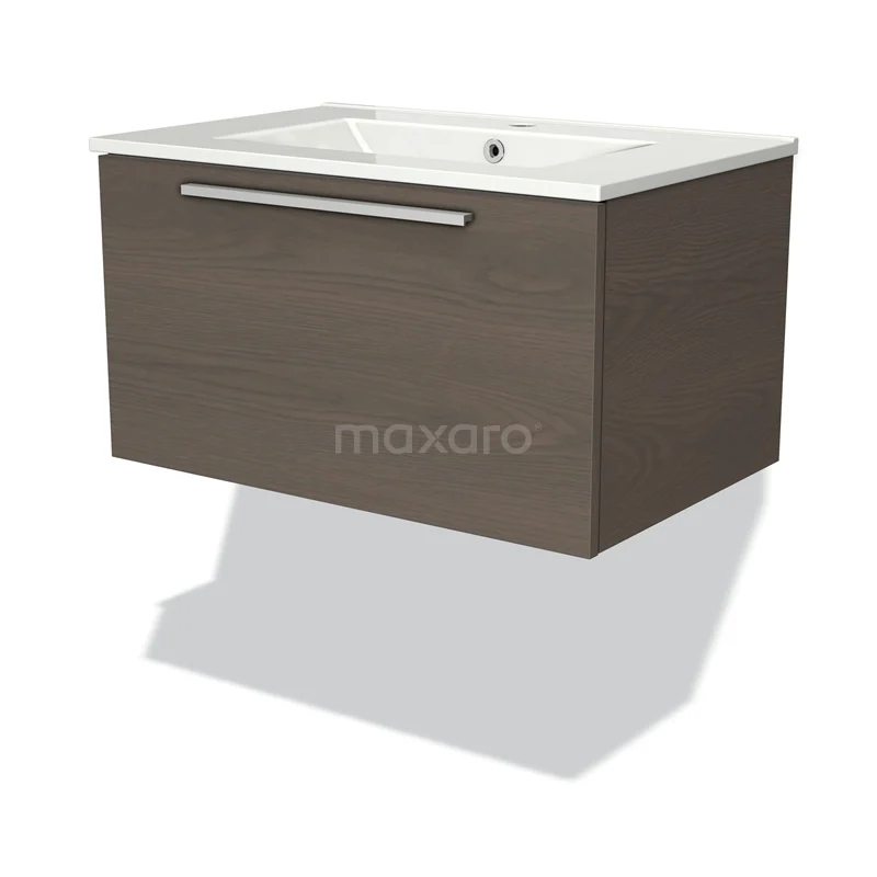 Modulo Bathroom furniture with sink | 70 cm Dark brown oak Flat front Ceramic 1 drawer BMW11-00786 Wooden bathroom cabinet with white ceramic sink, wall-mounted, modern design, rectangular with metal handle.