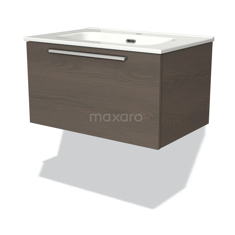 Modulo Bathroom furniture with sink | 70 cm Dark brown oak Flat front Ceramic 1 drawer BMW11-00787 Wooden bathroom unit with drawers and white basin, modern floating design, ideal for stylish bathroom design.