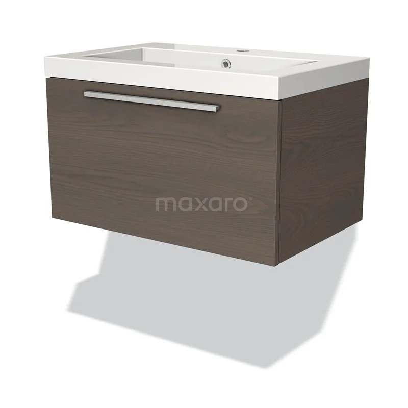 Modulo Bathroom furniture with sink | 70 cm Dark brown oak Flat front Mineral marble 1 drawer BMW11-00788 Wall-mounted bathroom unit, dark wood look, with integrated white sink and metal handle. Modern design.