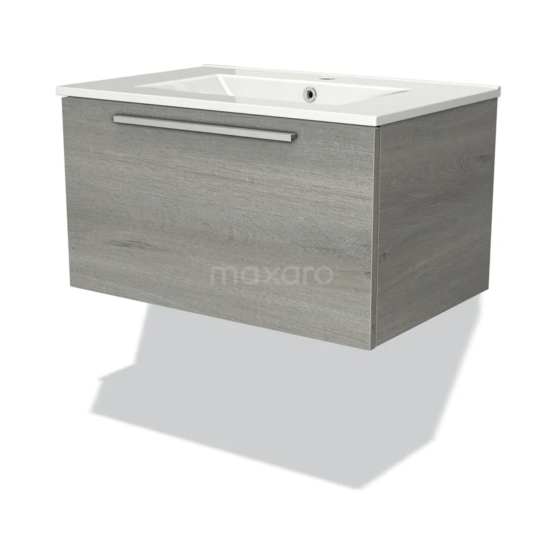 Grijs eiken wastafelmeubel met lade, strak design, inclusief witte keramische wastafel en verchroomde handgreep.