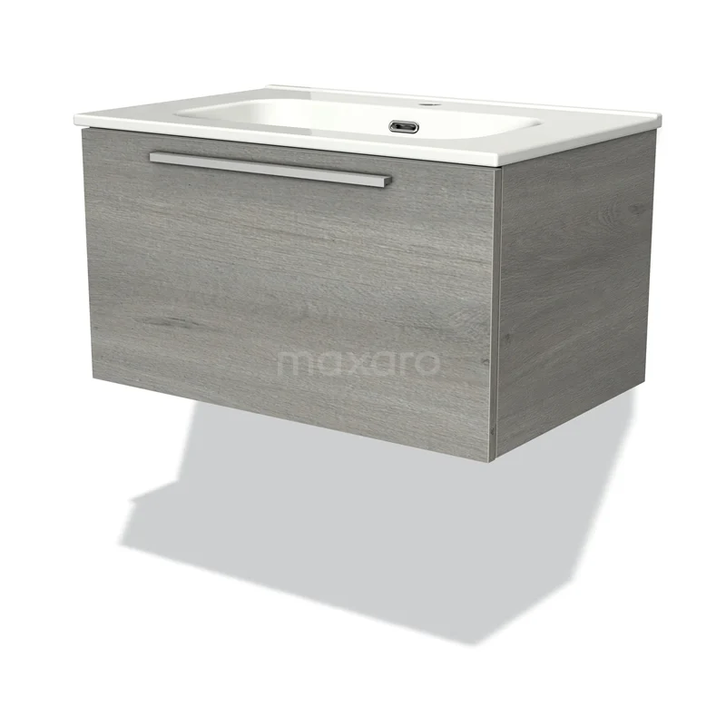 Wandhangend badkamermeubel met lade, lichtgrijs houtdesign, moderne wastafel en metalen handgreep.