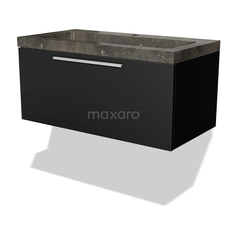 Modulo Waschtische | 90 cm Matt Schwarz Flach front Naturstein 1 Schublade BMW11-00827 Schwarzes schwebendes Badmöbel mit Schublade, Mineralguss Waschbecken und dunkler Steinoptik, geeignet für moderne Bäder.